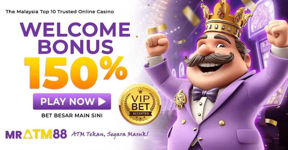 MRATM88 Welcome Bonus 150 percent promo banner with VIP bet accepted - mratm88-my.io