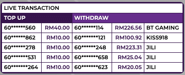 MRATM88 Live Transaction table showing real-time top ups and successful withdrawals