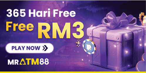 Promotional banner showing the MRATM88 "365 Hari" bonus with a clear display of the Free RM3 reward.