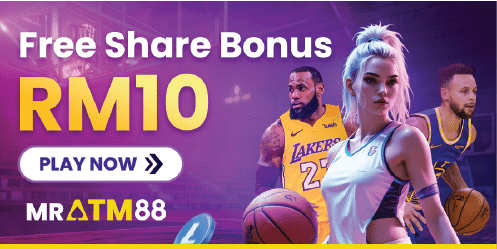 MRATM88 promotional graphic for the Share Bonus, offering a free RM10 credit when users share the platform.