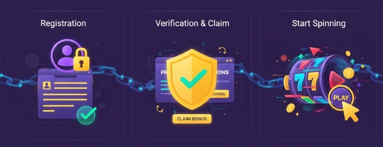 MRATM88 promotional graphic illustrating the steps to register, verify, and claim a bonus spin to start winning.