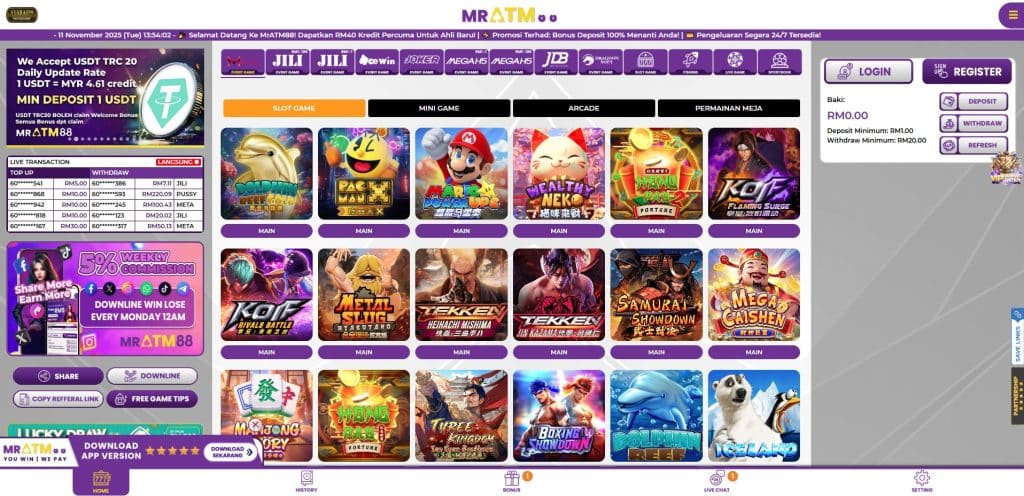 Full desktop screenshot of the MrATM88 homepage interface, promoting slot games and Free Credit No Deposit Mega888 bonuses.