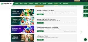 Maxim88 promotions page showing large prize tournaments, but lacking a direct free credit no deposit or RM1 minimum deposit link offer.