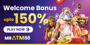 MRATM88 Welcome Bonus banner offering up to 150% credit, promoting the best value for new players vs happy88