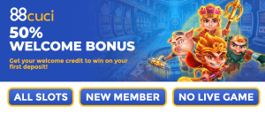 88cuci promotional banner offering a 50% Welcome Bonus for new members on all slot games, featuring Journey to the West characters like the Monkey King.