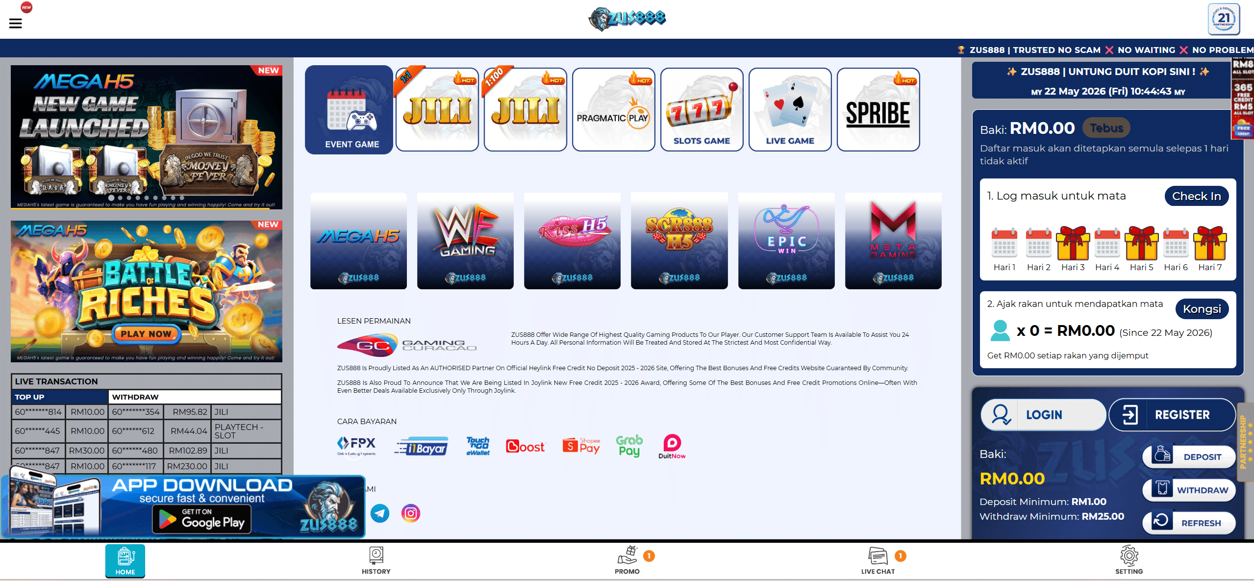 zus888 online casino homepage