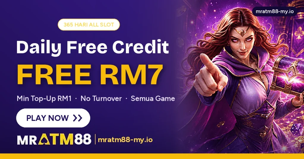 MrATM88 daily free credit RM7 promo banner for 365 Hari All Slot, minimum top-up RM1 - mratm88-my.io