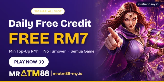 MrATM88 daily free credit RM7 promo banner for 365 Hari All Slot, minimum top-up RM1 - mratm88-my.io